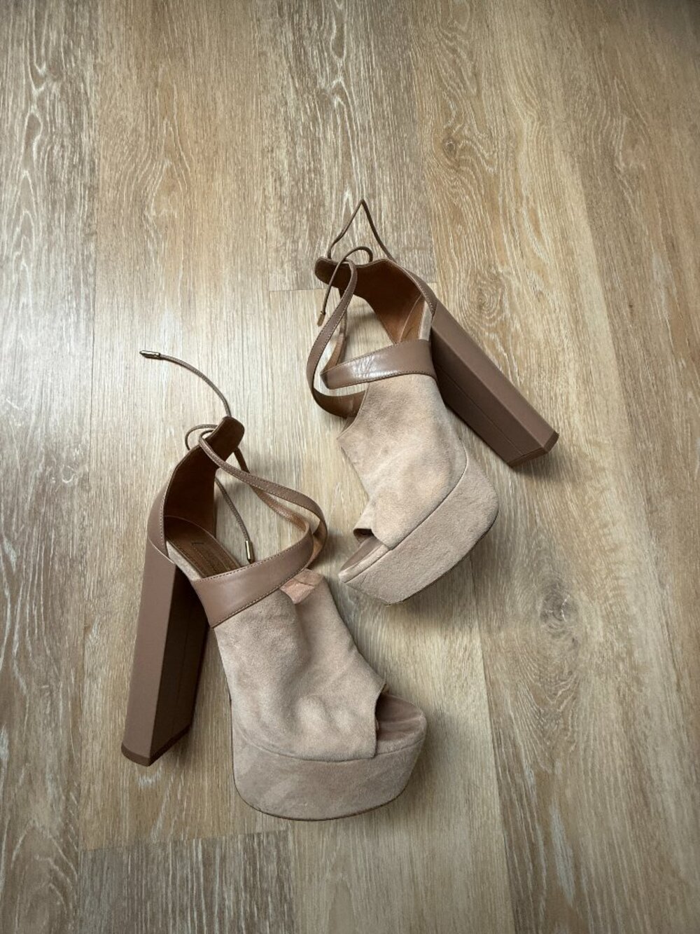 Aquazzura suede platform block-heel sandals, taupe, size 37.5